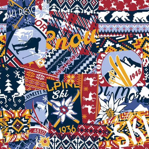 Alpine ski badges with nordic jacquard knitted patchwork wallpaper vector  seamless pattern