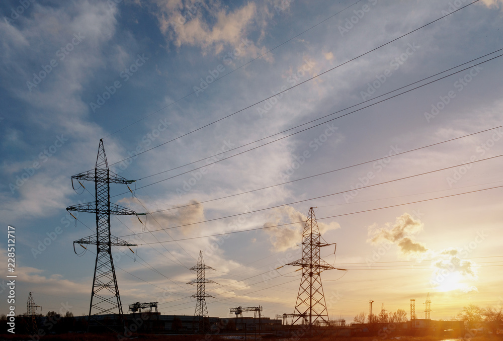 Fototapeta premium distribution electric substation with power lines and transformers.