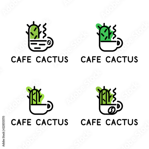 Set of conceptual icon logos with cup and cactus for the cafe. Vector illustration