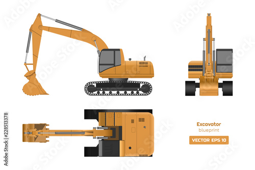 Excavator on white background. Top, side and front view. Hydraulic machinery image. Industrial drawing. Diesel digger blueprint