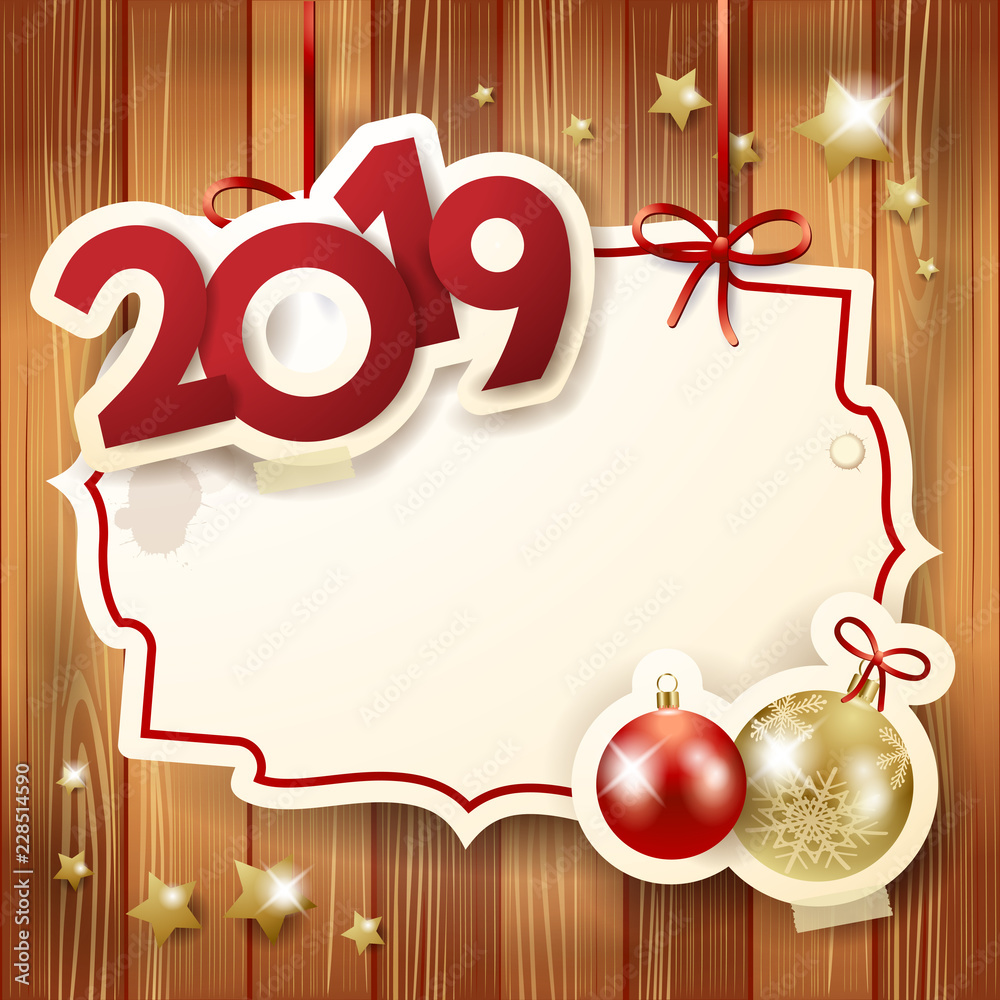 New Year background with baubles, label and text