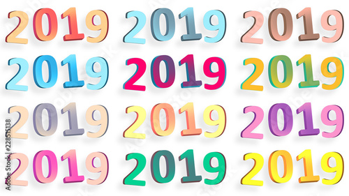 2019 retro signs. New Year. 2019 numbers isolated on white. Abstract shapes 3d. Retro colors. Year of Earth Pig. Winter holiday. Happy New Year. Vintage style illustration.