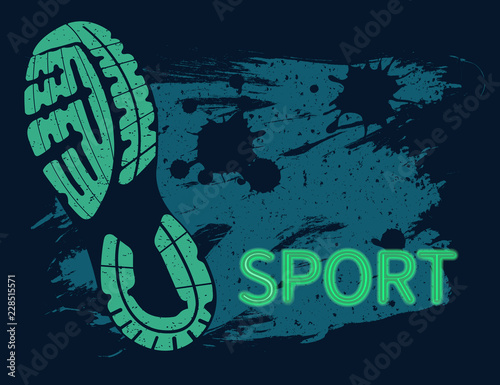 Lettering composition with the imprint sole of a sports shoe and grunge patterns isolated on color background.
 Best for sports team emblem, banner, print design for t-shirt.