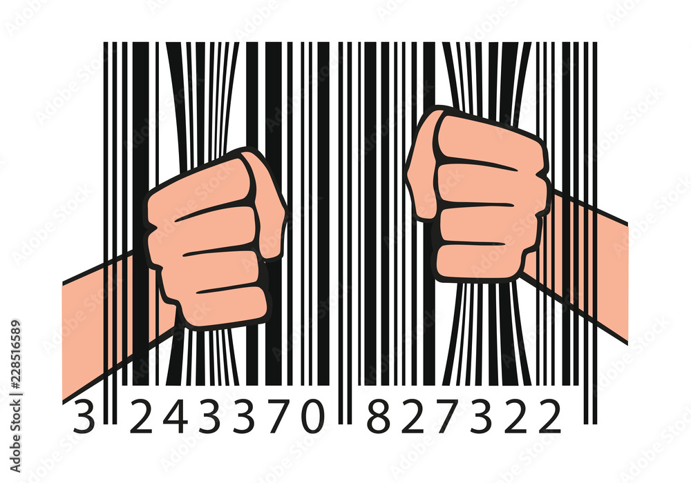 Concept de la consommation avec un code barre tenu par deux mains comme des barreaux de prison.