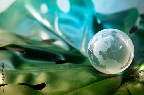 World globe cystal glass on green lush leaf. Environmental conservation. World environment day. Global business for sustainable development. Nature and ecology concept. photo