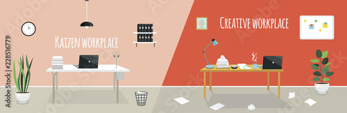 Kaizen work place and creative work place. Chaos or cleanness in your office room. Two styles of workplace organization. Vector flat illustration of order and disorder on the table. 
