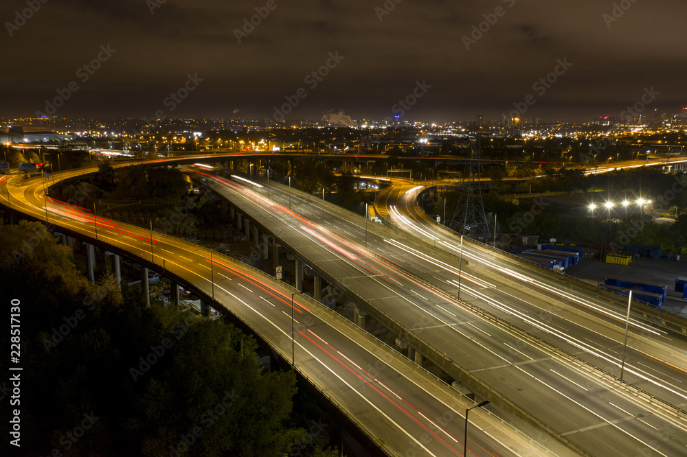 Aerial view of Spaghetti Junction in Birmingham UK at night.