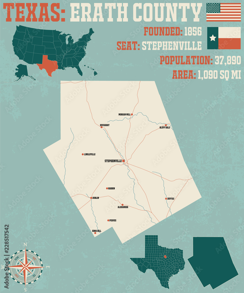 Detailed map of Erath county in Texas, USA Stock Vector Adobe Stock