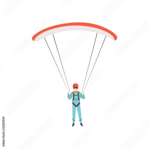 Skydiver flying with a parachute, extreme sport, leisure activity concept vector Illustration on a white background