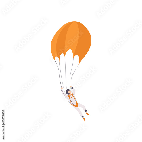 Paratrooper descending with a parachute, extreme sport, leisure activity concept vector Illustration on a white background