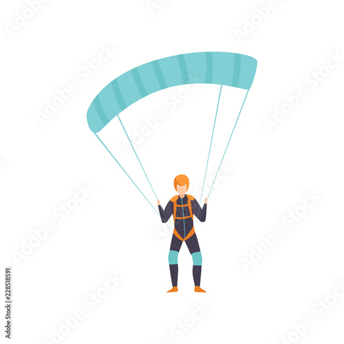Skydiver flying with a parachute, skydiving, parachuting extreme sport vector Illustration on a white background