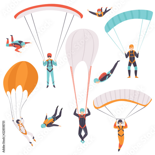Skydiving men falling through the air with parachutes set, extreme sport, leisure activity concept vector Illustration on a white background