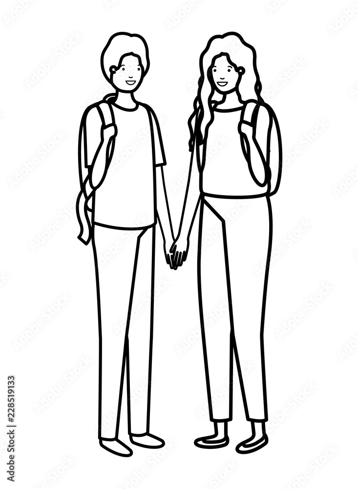 young couple with school bags characters young couple with school bags characters