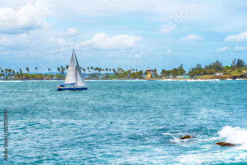 The yacht floats on the azure water on the background of a tropical island with a beach and palm trees.