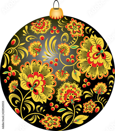 black Christmas ball with Russian Khokhloma ornament