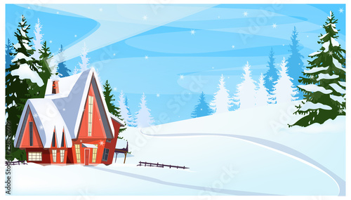 Winter landscape with cottage and fir-trees vector illustration. Snowy country scene. Country cottage concept. For websites, wallpapers, posters or banners.