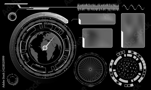 Design of HUD menu user interface. Set futuristic dashboard isolated on black background.