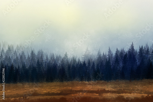 Trees in morning fog. Digital painting..