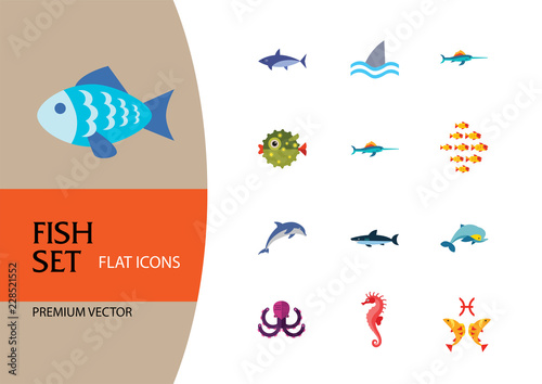 Fish icons set with dolphin, shark and seahorse. Thirteen vector icons