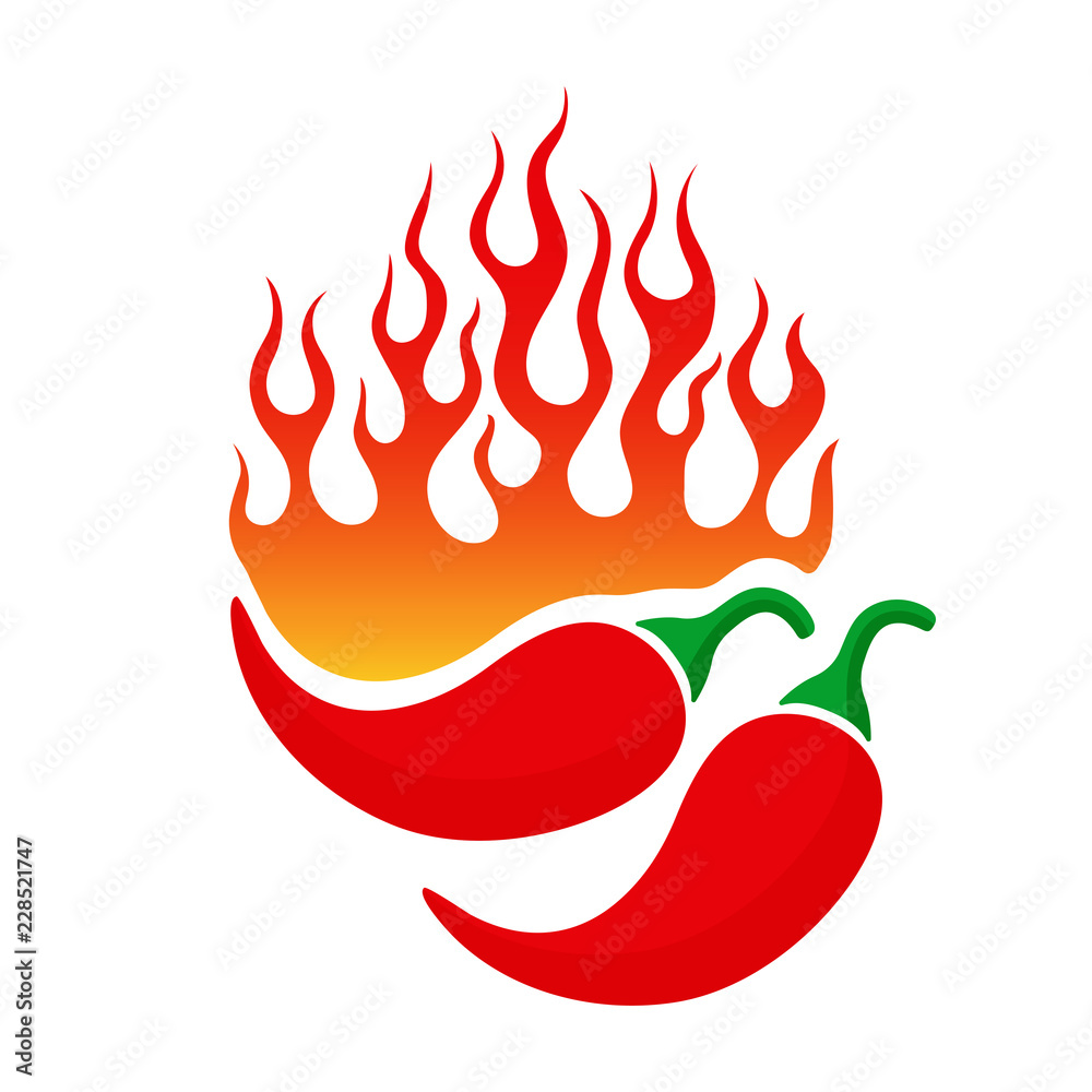 Cartoon emblem with chili pepper and blazing flames. Hot burning orange  fire flame and two red chilli isolated on white background. Vector  illustration for restaurant design or spicy food menu Stock Vector |