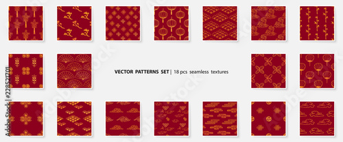 Asian patterns set. Kabuki. Japanese doodle backgrounds collection. Kabuki theatre elements. Kimono ornament. Asia culture symbols. Chinise sketches. Fashion. China. Japan. Vector fabric design.