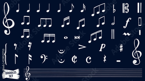 Music notes doodles set.  Treble clef. Hand drawn detailed sketch. G-clef. Scribbles collection. Scrawl. Piano. Organ. Symphony. Melody. Classic music.