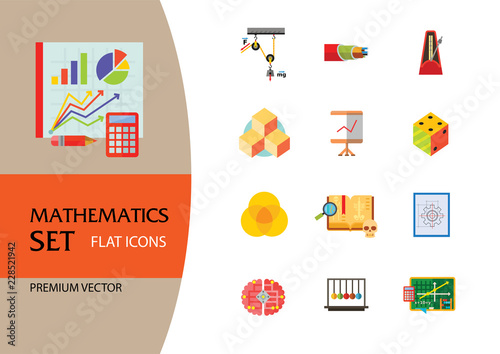 Mathematics Icon Set. Gear Wheel Drawing Metronome With Pendulum Collision Balls Globe Cubes Diagram Philosophy Symbol Logic Concept Algebra Cable Artificial Intelligence Gravity Force