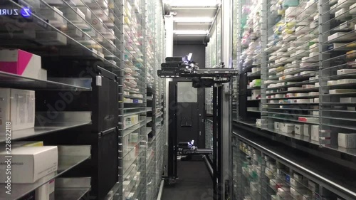 12 09 2018 Modena - future technology automatic pharmacy warehouse automatic robot. no umans interactions. Pharmaceutical Robot Dispenser for pharmacy