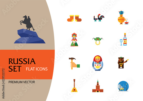 Russia Icon Set. Kremlin Saint Basil Cathedral Valenki Russian Rooster Samovar Matryoshka Bear With Balalaika Russian Welcome Vodka Balalaika Hand With Hummer Ushanka Khokhloma