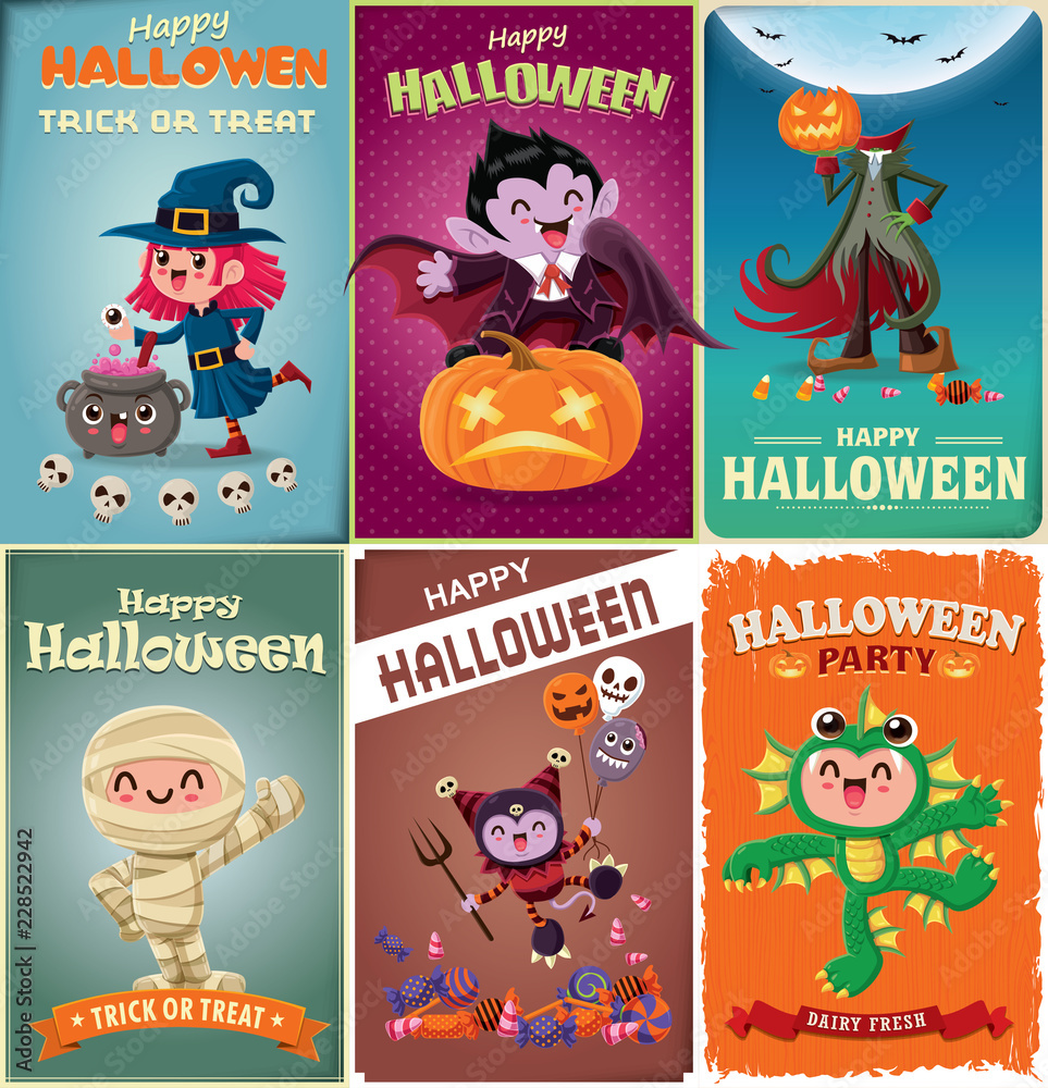 Fototapeta premium Vintage Halloween poster design with vector vampire, mummy, witch, sea creature, bat, ghost, demon, Jack O Lantern, reaper, monster character. 