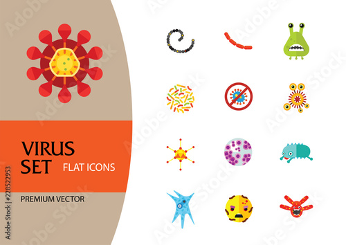 Virus icons set. Thirteen vector icons of influenza virus, coronavirus, adenovirus and other bacteria