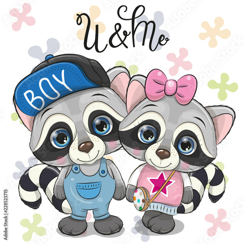 Two cute Raccoons on a Flowers background
