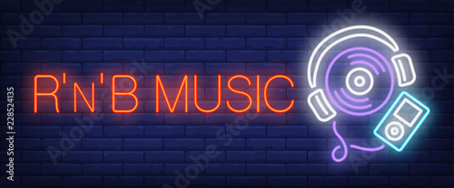 RNB music neon text with player. Modern music and youth culture advertisement design. Night bright neon sign, colorful billboard, light banner. Vector illustration in neon style. photo