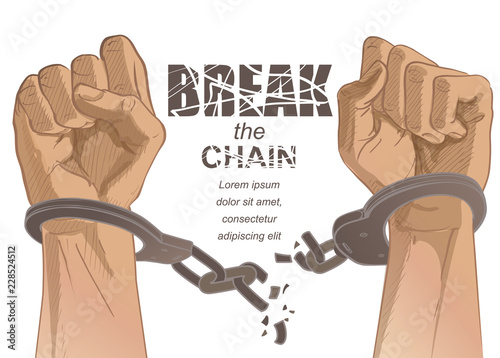 Handcuffs on the hands. Sketch vector illustration