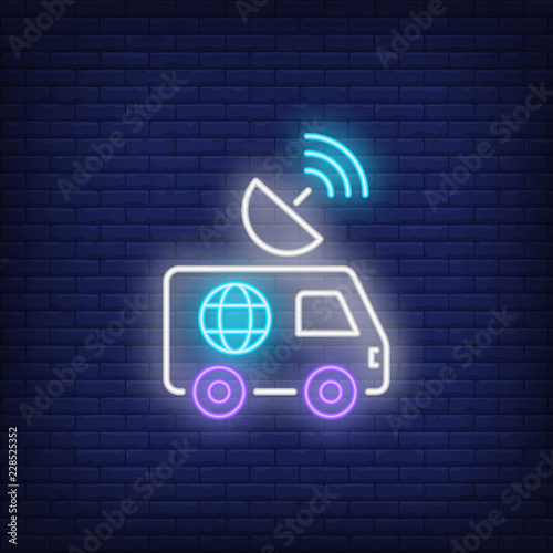 News TV neon sign. Glowing neon news wagon with equipment on the roof on dark blue brick background. Vector illustration for news, broadcasting, reporting