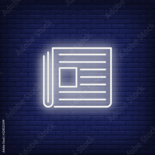 Newspaper neon sign. Glowing neon paper on dark blue brick background. Vector illustration for news, printing topics, online magazines and paper editions