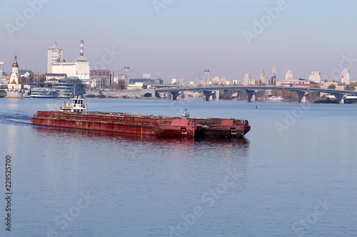 Bulk carrier transporting sand along the Dnieper River  Kiev  Ukraine