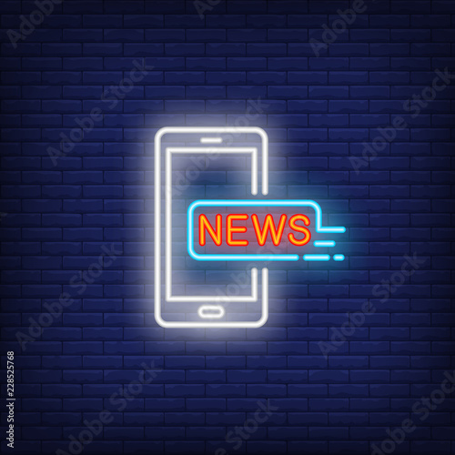 Smartphone with news inscription neon sign. Glowing smartphone message about latest news on dark blue brick background. Vector illustration for news, broadcasting, modern technology, reporting