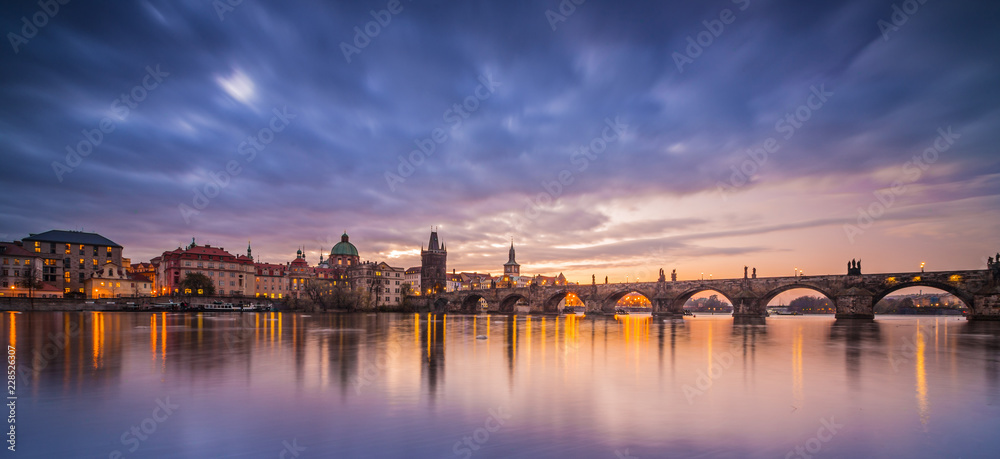 Charles Bridge with Prague Castle after sunset. Europe, Czech republic.