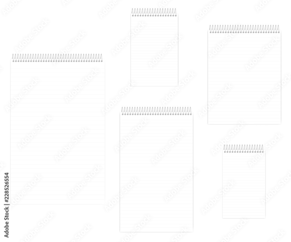 Wire bound spiral lined notebook set, realistic vector mockup