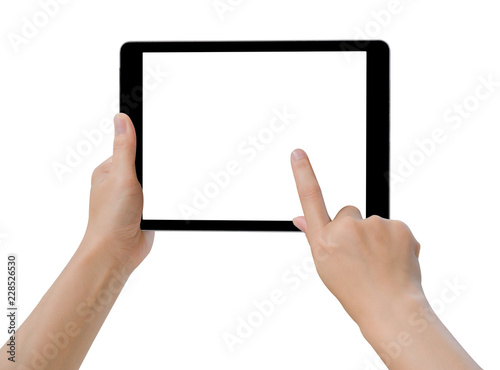 hands holding and touching on tablet pc isolated on white background