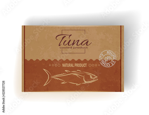 Cardboard box with tuna fish. On white background.