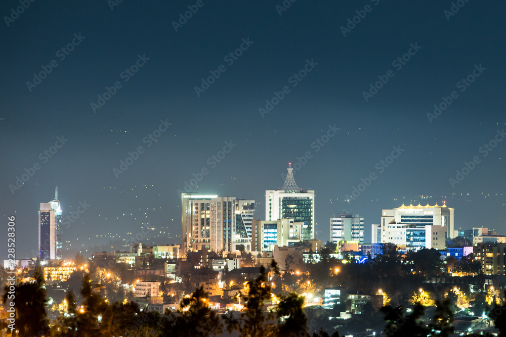A wide view of Kigali city skyline lit up at night