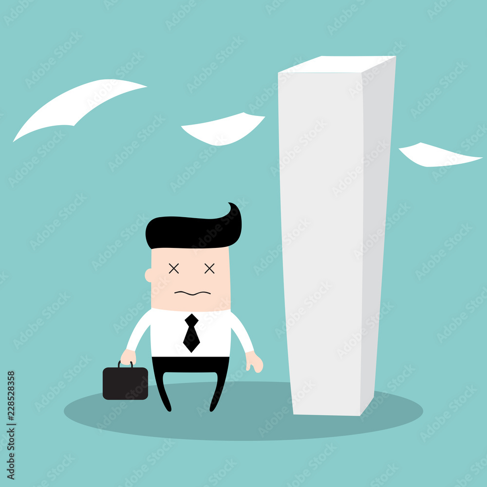 Tired businessman having a lot of work to do, looks like a zombie, really tired. Hard worker business concept. Vector illustration