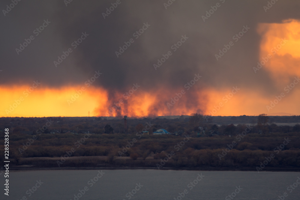 Fototapeta premium environmental pollution problem of fire on dry grass with smoke onthe horizon inflated by a strong wind during the sunset