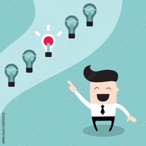 Happy businessman choosing the bright idea. Successful business concept, make right decisions. Vector illustration