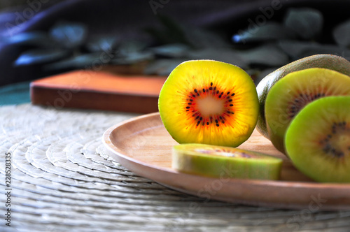 Close up Texture of Red Kiwifruit on Plate