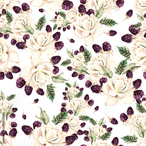 Beautiful watercolor seamless pattern with flowers of  rose and berry.
