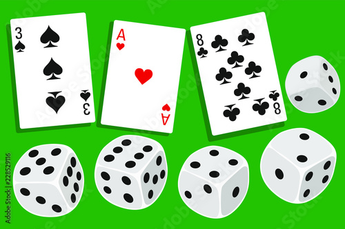 Gamble with dices rolling and different playing cards clubs, hearts and spades in background - vector illustration in simple clean design