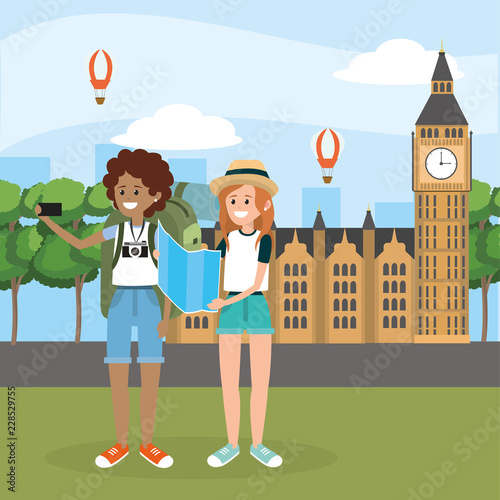 womens friends with smartphone in the big ben